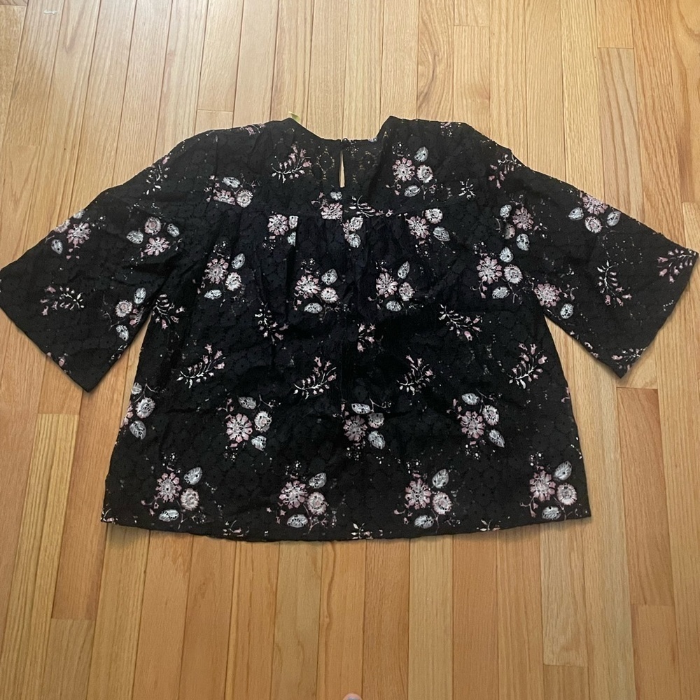 Loft Lace Black and Pink Floral Top Size Large - Picture 2 of 7